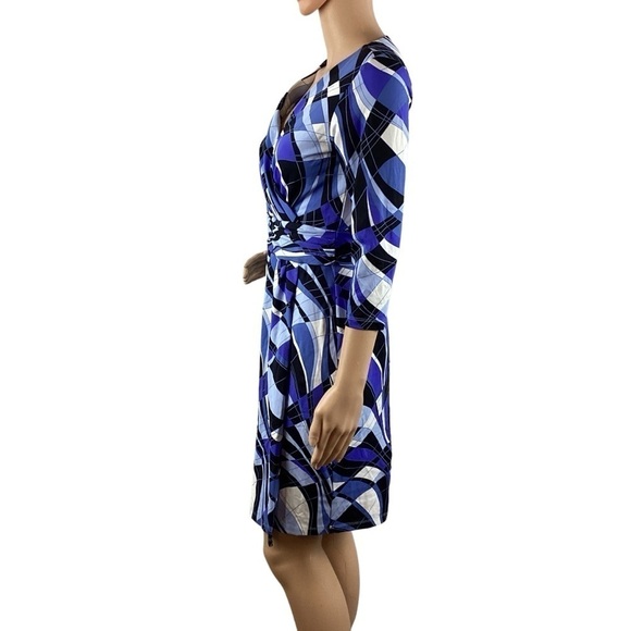 J. McLaughlin Brea Faux Wrap Dress Size XS Blue Black Optic Wave - Picture 4 of 7